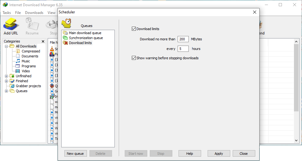 Download limits setting in Internet Download Manager Scheduler